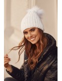 Warm hat with beads and pompom, white C64 - Online store - Boutique